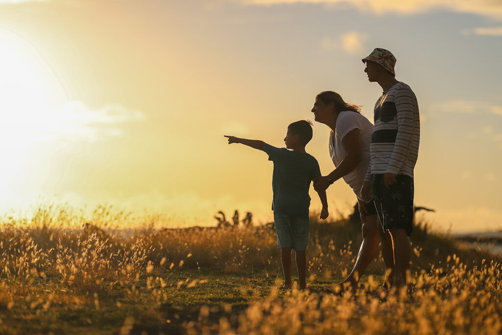 A rural family out for a walk.